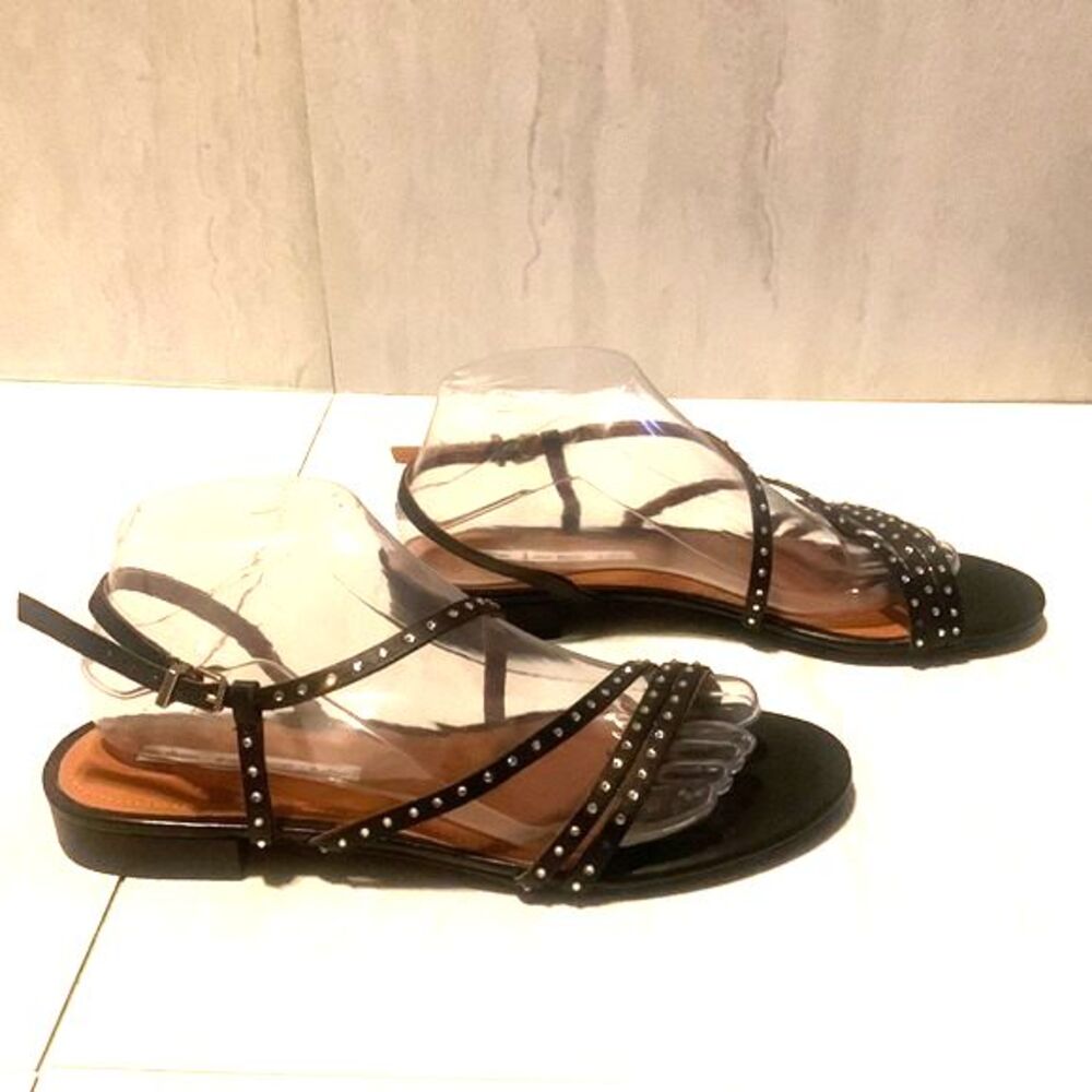 & Other Stories Strappy Flat Sandals US 9.5 Leather Black Studded Rhinestone - Picture 4 of 16